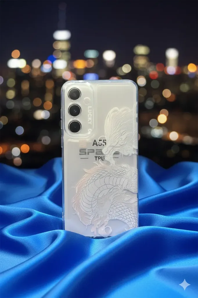 Samsung Galaxy A55 5G Schutzhülle – NEU – Transparentes TPU Case – Elegantes Drachen-Relief (Weiß) – Stoßfest & Passgenau