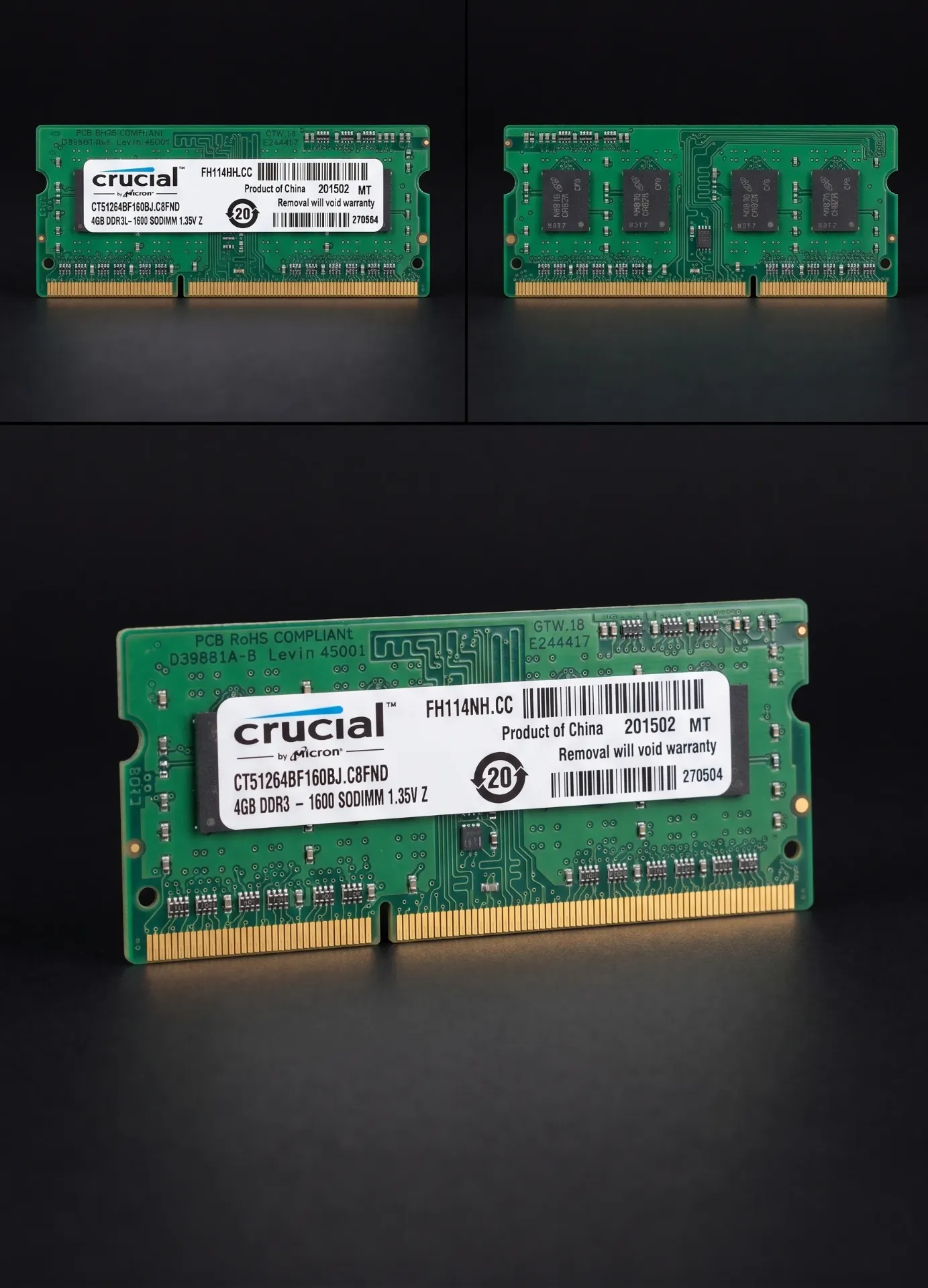 Original Crucial 4GB DDR3L 1600MHz SO-DIMM Laptop RAM | PC3L-12800S | CT51264BF160BJ | 204-Pin | Refurbished