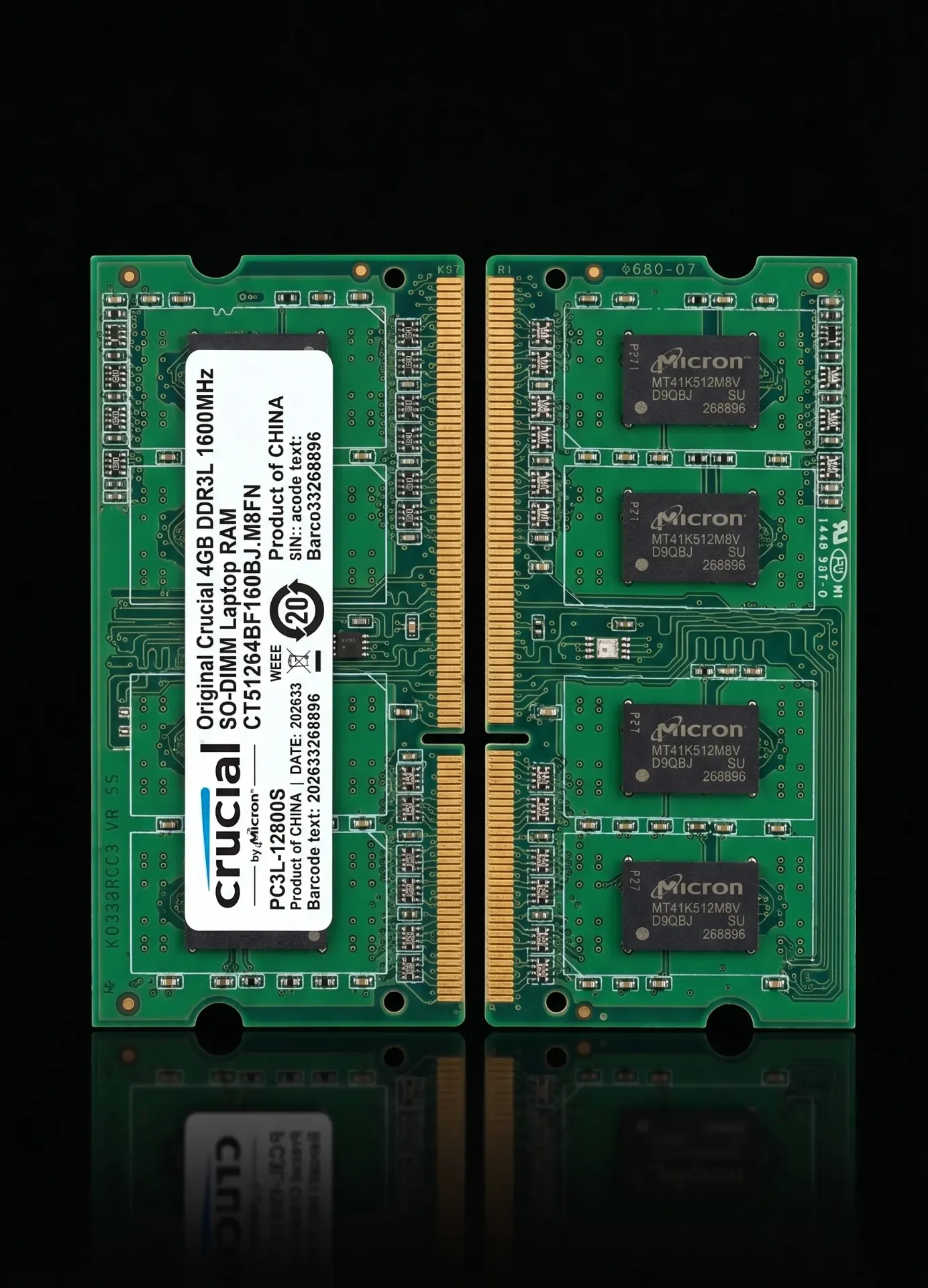 Original Crucial 4GB DDR3L 1600MHz SO-DIMM Laptop RAM | PC3L-12800S | CT51264BF160BJ.M8FN | 204-Pin | Refurbished
